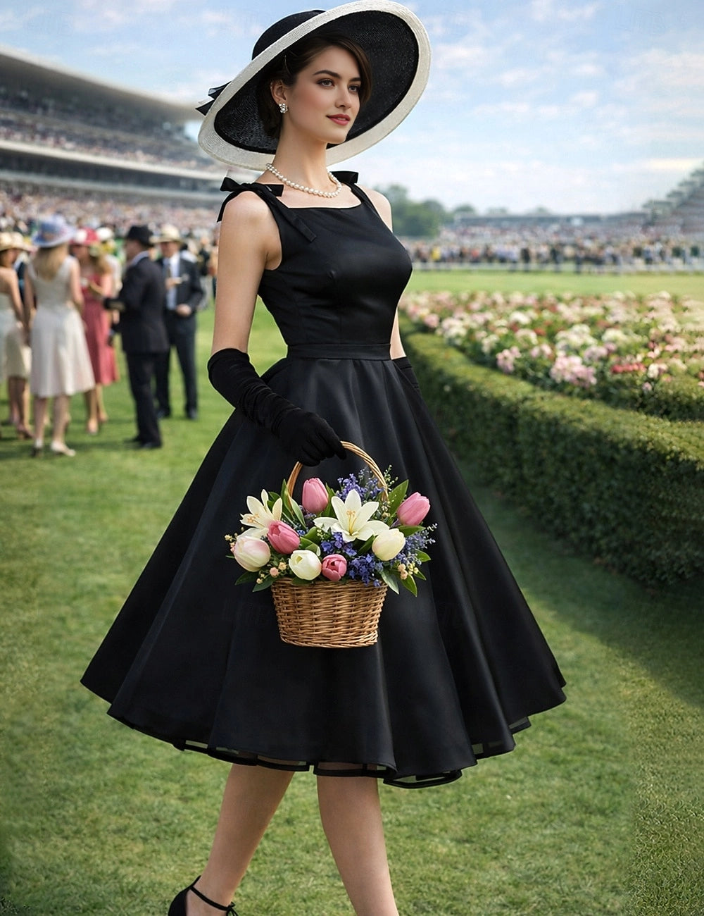 Vedress black satin hepburn style square neck bow midi prom dress front view racecourse lawn background